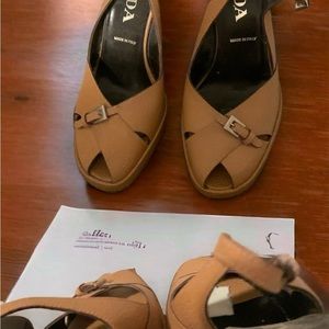 Prada camel tone sling back platforms, peep toe